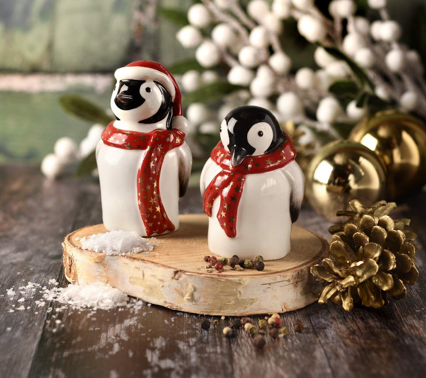Spode Christmas Tree Penguin Figurine 2 Piece Salt And Pepper Shaker Set, Incudes 4 Inch 3.25 Inch Penguins, Holiday Kitchen And
